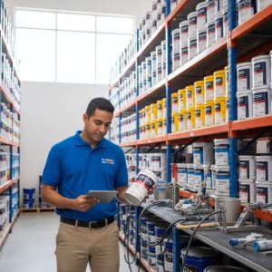 Almacén moderno de pinturas en Caracas con técnico examinando recubrimientos industriales y estanterías de colores vibrantes