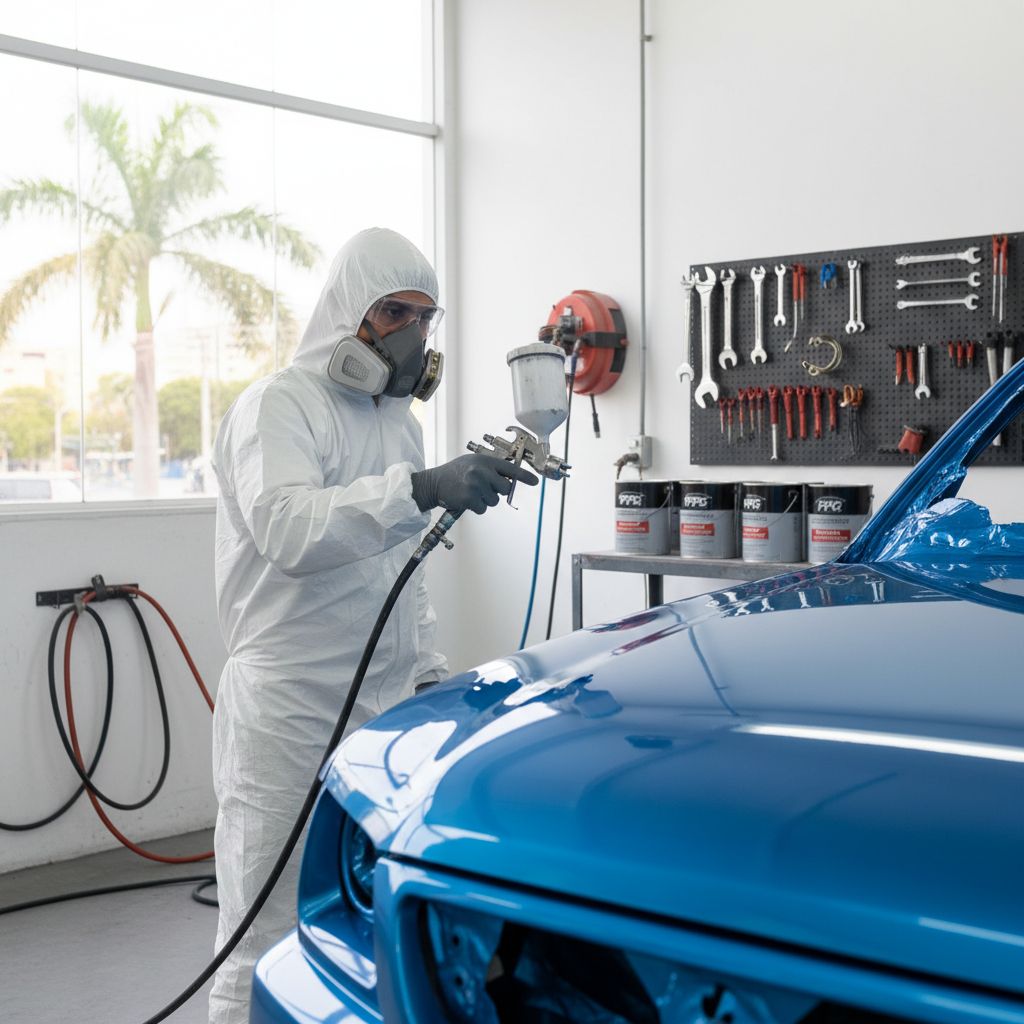 Fotografía de un técnico aplicando pinturas automotrices profesionales en un taller moderno de Caracas, Venezuela, destacando equipo y vehículos protegidos contra corrosión.