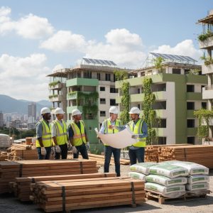 Fotografía accesible de un sitio de construcción sostenible en Caracas, Venezuela, mostrando trabajadores con materiales ecológicos y elementos verdes en un entorno urbano moderno.