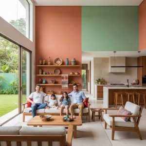 Interior moderno de hogar venezolano en Caracas con colores tropicales cálidos, familia relajada y ambiente acogedor.