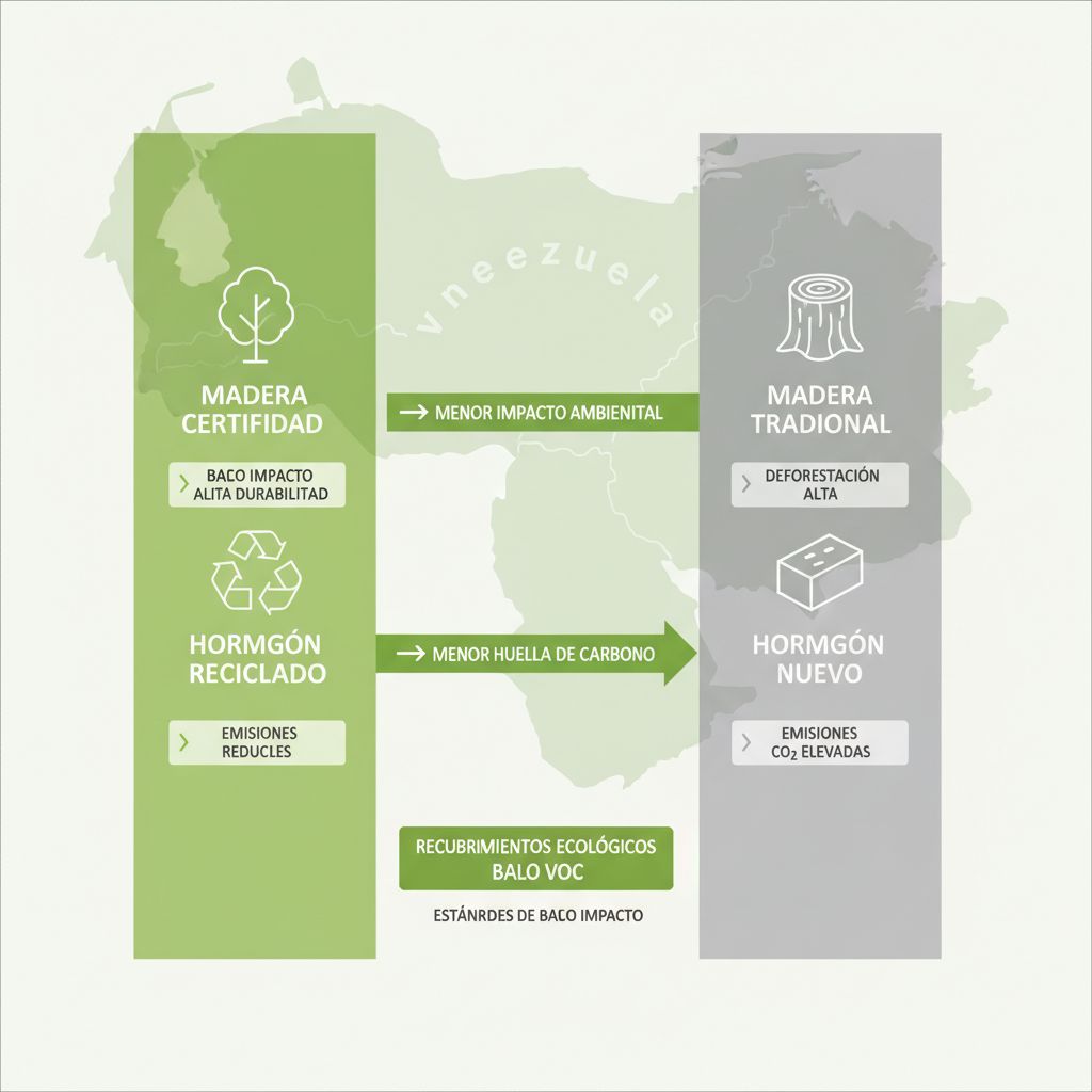 Infografía comparativa de materiales de construcción sostenibles y convencionales, destacando impactos ambientales y costos en bolívares venezolanos.