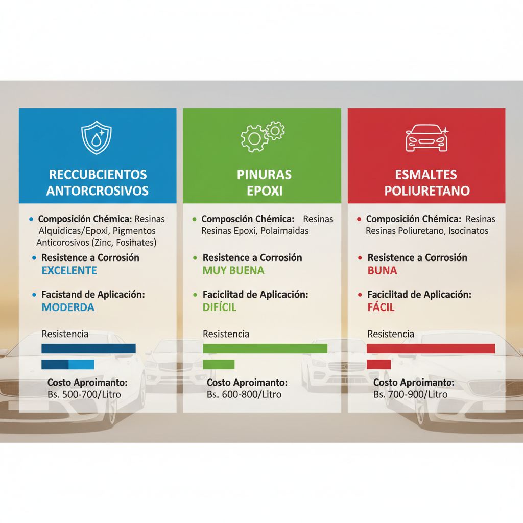 Infografía comparativa de tipos de pinturas automotrices con características clave y comparaciones visuales