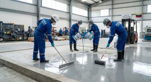 Equipo de técnicos aplicando pintura epóxica autonivelante en piso industrial moderno venezolano con herramientas especializadas