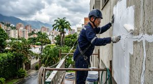 Técnico aplicando pintura de caucho protectora en fachada residencial moderna de Caracas