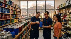 Tienda El Mundo del Color en Caracas con asesor mostrando pinturas Montana vibrantes a cliente, vistas del Ávila al fondo.