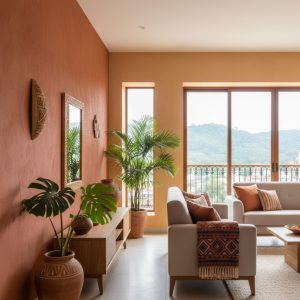 Interior moderno venezolano con tendencias de colores en pintura para 2026, destacando tonos tierra y neutros en un hogar acogedor de Caracas.