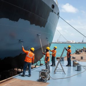 Equipo de técnicos aplicando recubrimientos marinos en un barco en el puerto de La Guaira, Venezuela, protegiendo contra corrosión con pinturas especializadas.
