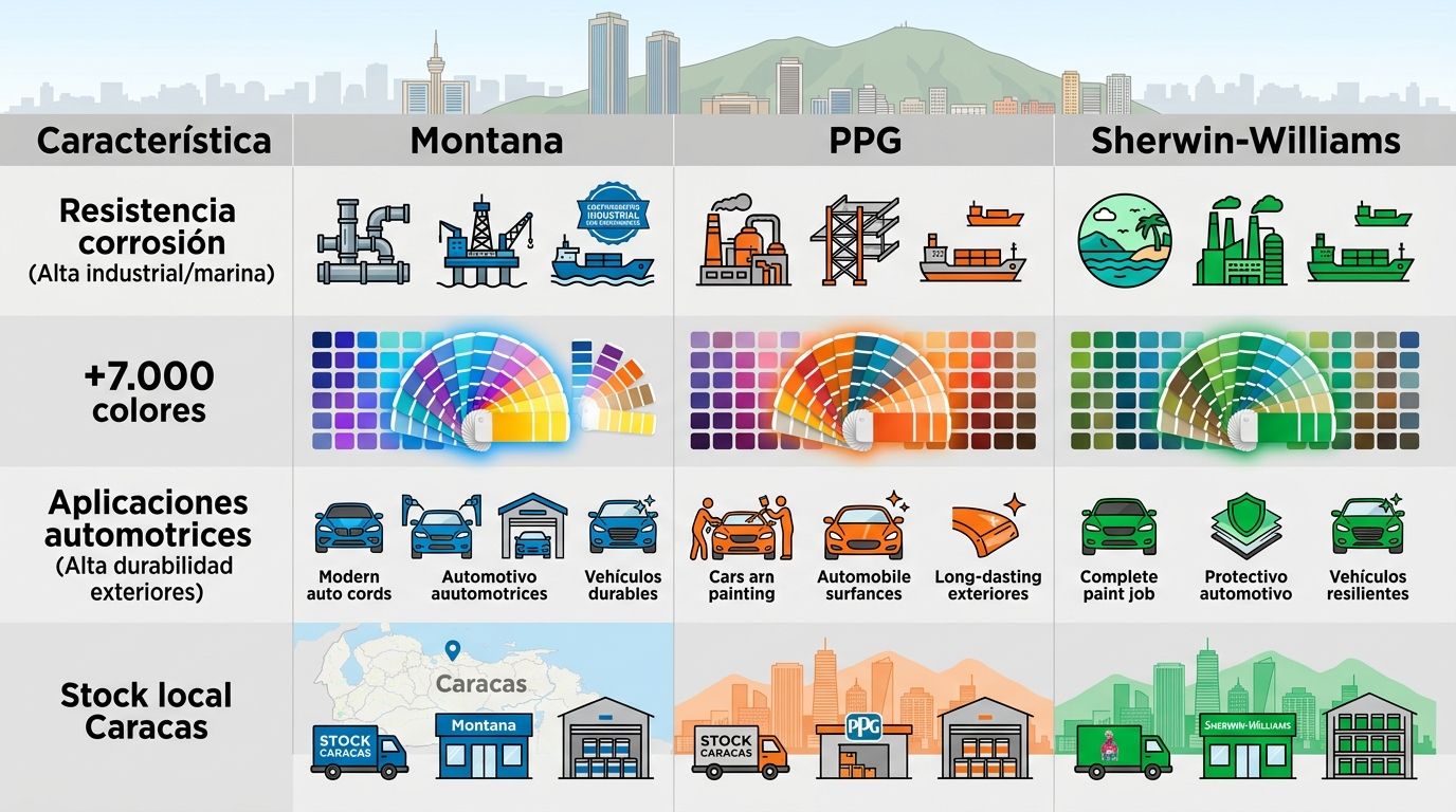 Infografía comparativa de características de Pinturas Montana con PPG y Sherwin-Williams en Caracas