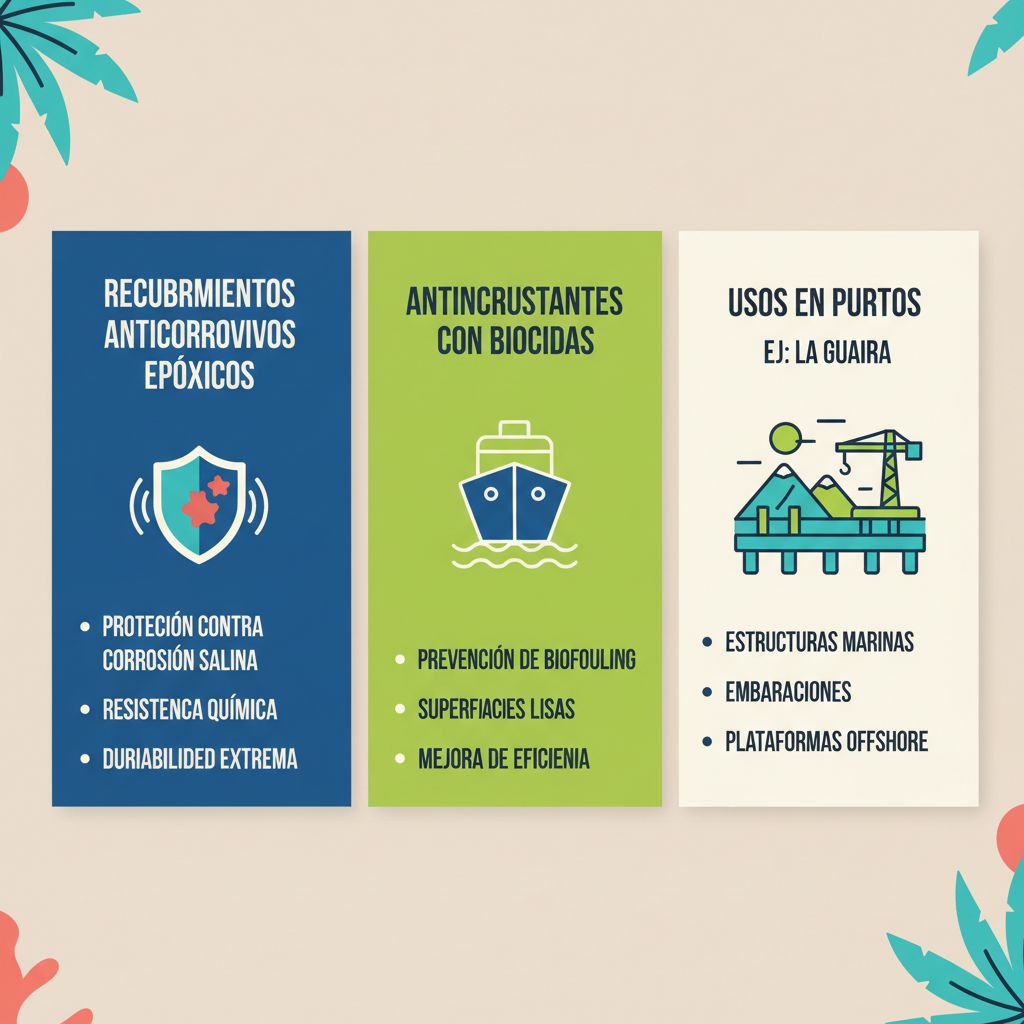 Infografía ilustrando tipos de recubrimientos marinos: anticorrosivos, antiincrustantes y usos en Venezuela, con iconos y beneficios clave.