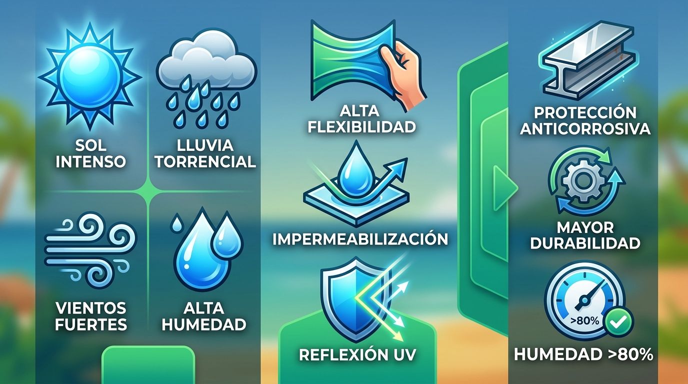 Infograf&iacute;a de propiedades de pinturas elastom&eacute;ricas resistentes al clima tropical: flexibilidad, impermeabilizaci&oacute;n, reflexi&oacute;n UV y beneficios para fachadas.