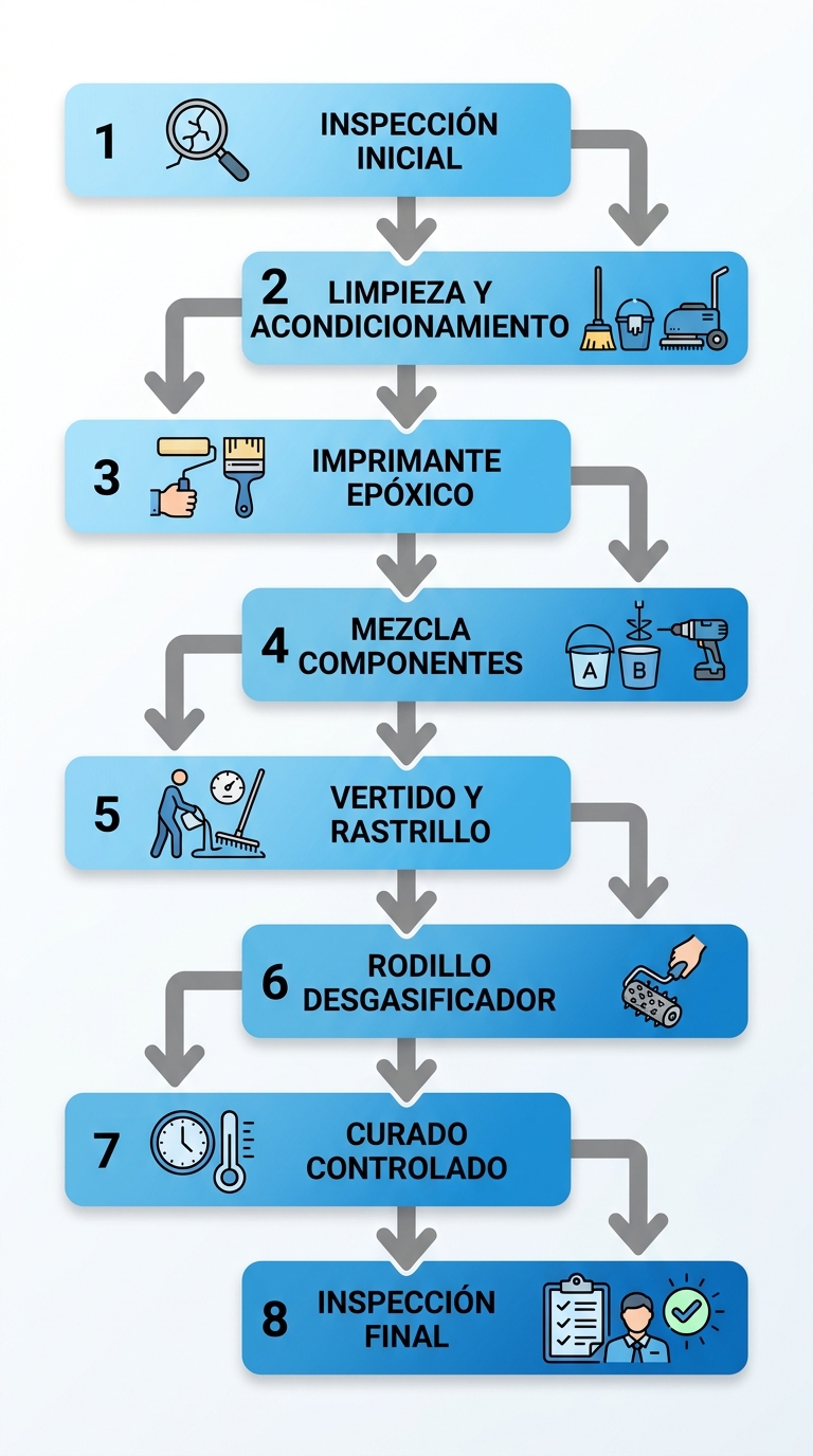 Diagrama de flujo vertical de 8 etapas para instalaci\u00f3n perfecta de pintura ep\u00f3xica autonivelante en pisos industriales
