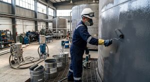 Técnico aplicando recubrimiento epóxico en tanque industrial en fábrica de Caracas, Venezuela, con equipo de seguridad y herramientas profesionales.
