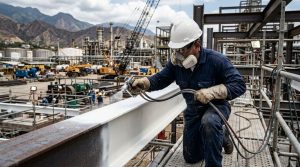 Técnico experto aplicando recubrimientos intumescentes protectores contra incendios en estructura industrial en Caracas, con equipo de seguridad y profesionalismo evidente