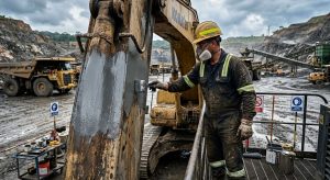 Técnico aplicando pintura anticorrosiva epóxica en excavadora minera en mina venezolana húmeda y polvorienta