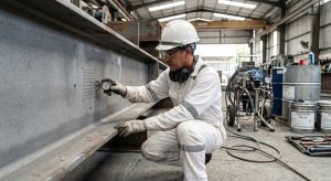 Técnico en recubrimientos industriales con overol blanco y casco de seguridad inspecciona una superficie metálica preparada en un taller de Caracas, sosteniendo un perfilómetro de anclaje para verificar el grado de limpieza, con equipos de aplicación airless al fondo