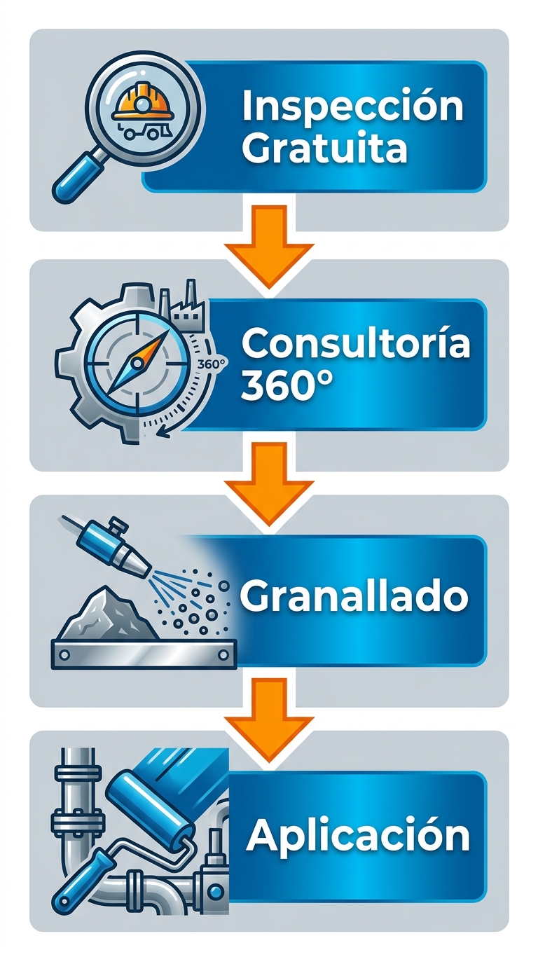 Diagrama de flujo vertical con cuatro etapas para soluciones de pintura en equipos mineros: inspecci\u00f3n gratuita, consultor\u00eda, granallado de superficies y aplicaci\u00f3n profesional de recubrimientos anticorrosivos.