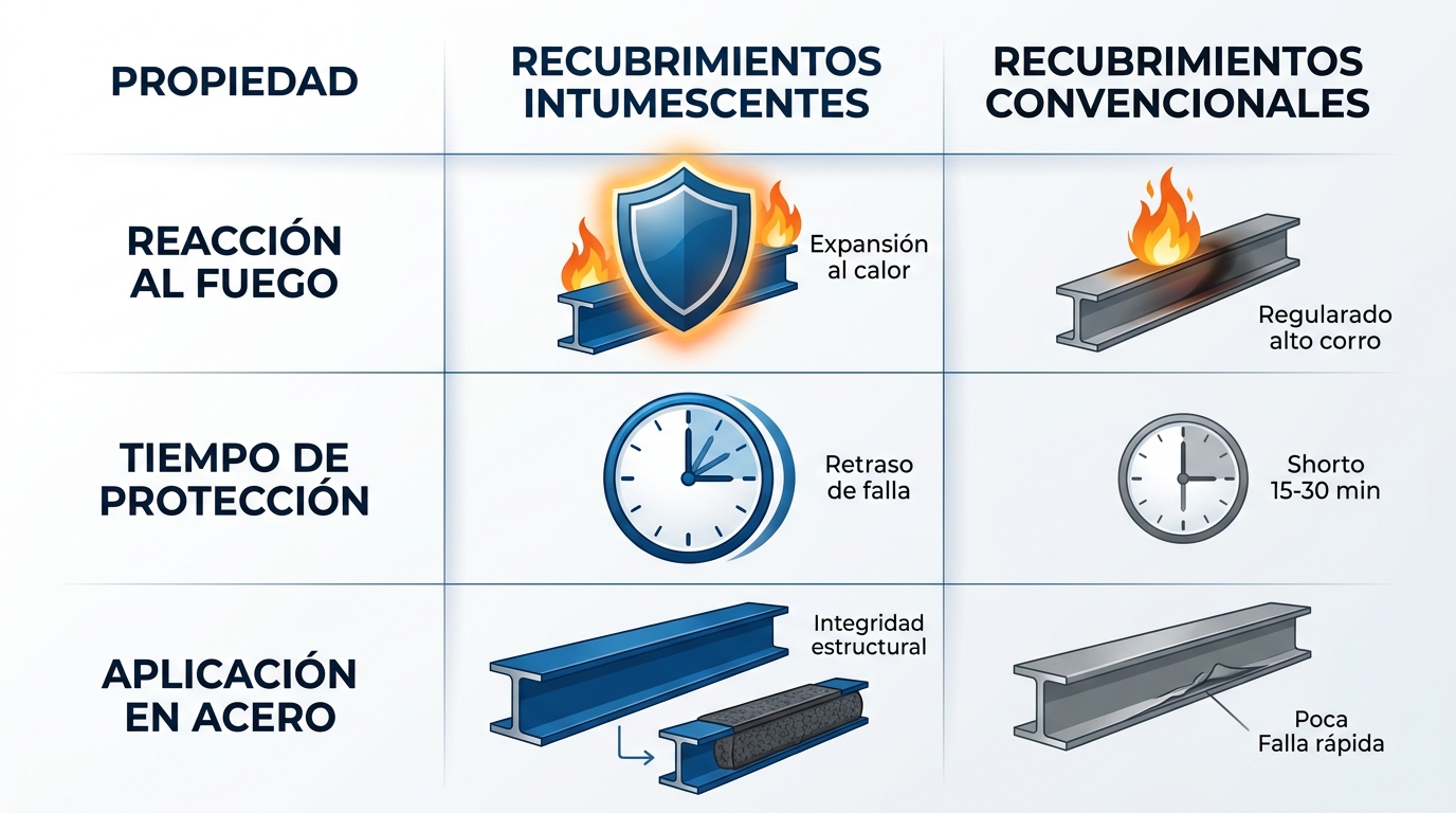 Infografía comparativa de propiedades de recubrimientos intumescentes versus convencionales con iconos ilustrados