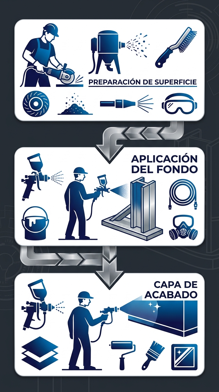 Diagrama de flujo vertical de tres etapas del proceso de aplicaci\u00f3n de pintura anticorrosiva industrial, mostrando la preparaci\u00f3n de superficie, aplicaci\u00f3n del fondo anticorrosivo y capa de acabado con iconos de herramientas.