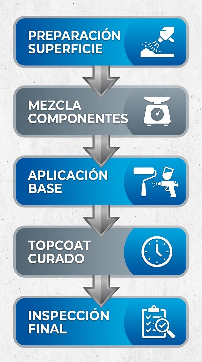 Diagrama de flujo vertical ilustrado de cinco etapas para aplicar resina epóxica en superficies industriales con iconos y flechas.