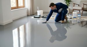 Fotografía profesional de un piso de porcelanato líquido recién aplicado en un espacio residencial moderno con un técnico verificando la superficie