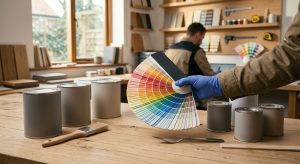 Muestrario de colores vibrantes sobre mesa de madera, con latas de pintura y una mano con guante sosteniendo una carta de colores, en un espacio de asesoría técnica con iluminación natural.