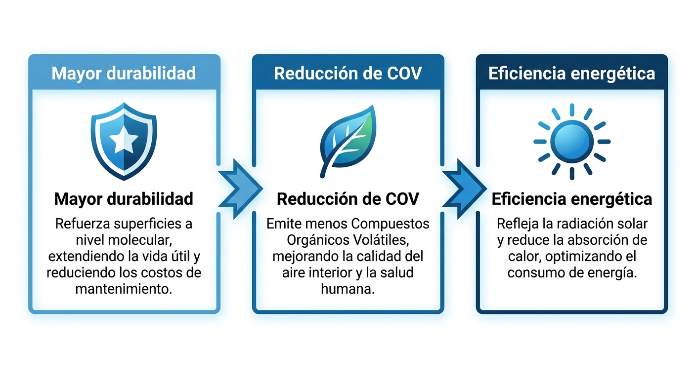 Infografía de tres paneles horizontales con iconos de escudo, hoja y sol, destacando beneficios de durabilidad, reducción de COV y eficiencia energética en recubrimientos sostenibles con nanotecnología.