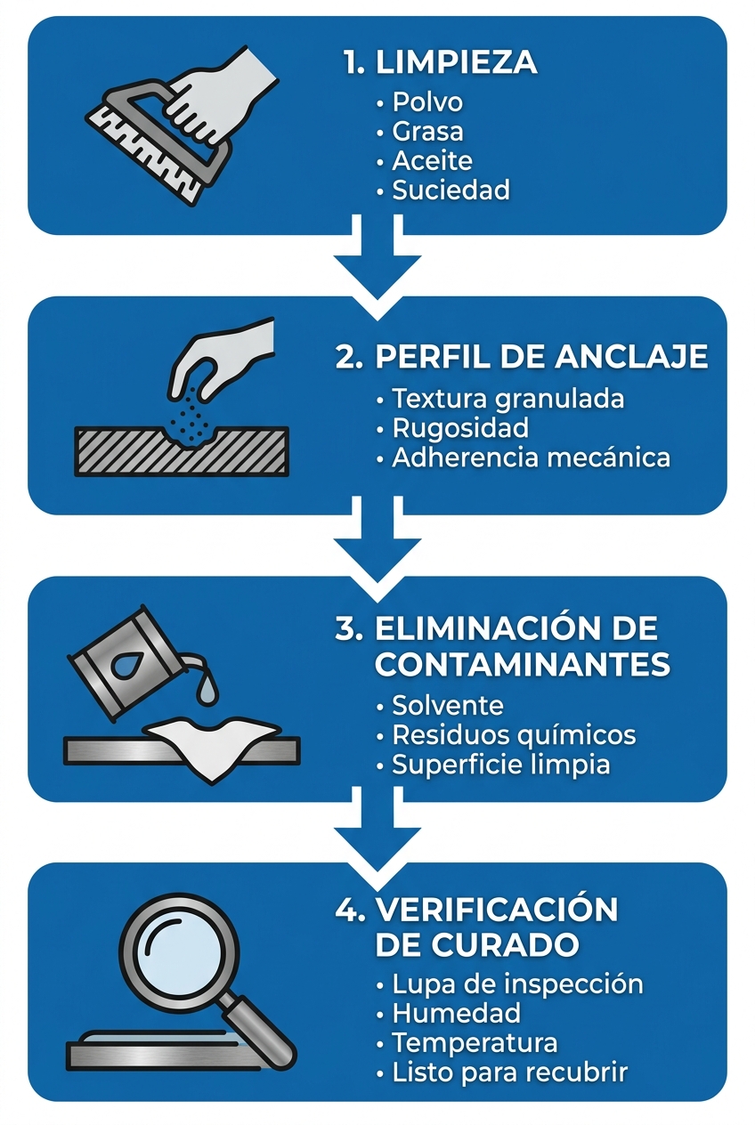 Diagrama de flujo vertical de cuatro etapas para preparación de superficie: Limpieza, Perfil de anclaje, Eliminación de contaminantes y Verificación de curado, con iconos y rectángulos azules industriales.