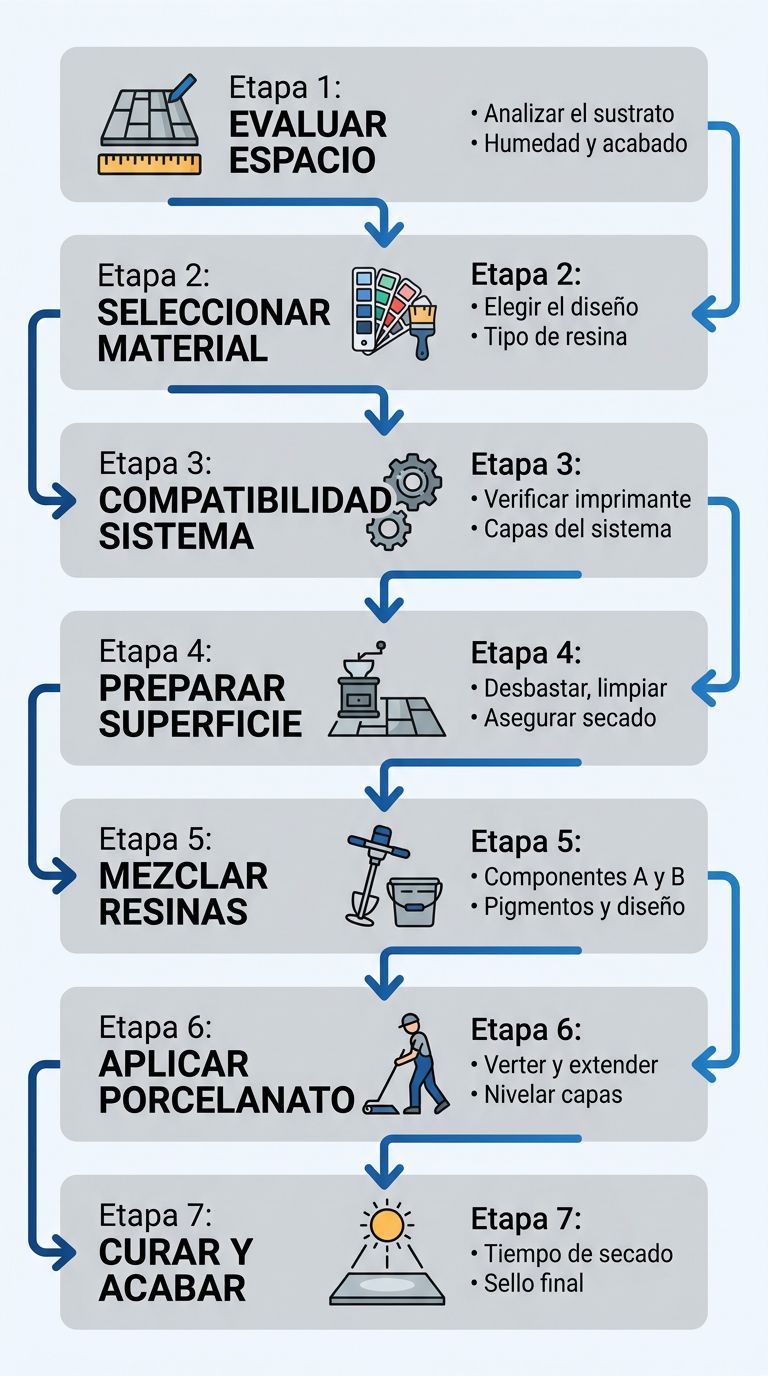 Diagrama de flujo vertical que muestra siete pasos para iniciar un proyecto de porcelanato l\u00edquido