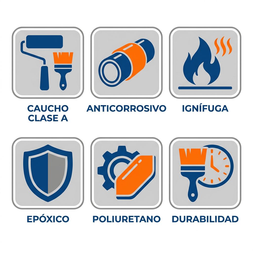 Conjunto de seis iconos representando categorías de pinturas arquitectónicas: caucho clase A, anticorrosivo, ignífugo, epóxico, poliuretano y durabilidad, en estilo plano con colores corporativos azul, gris y naranja.