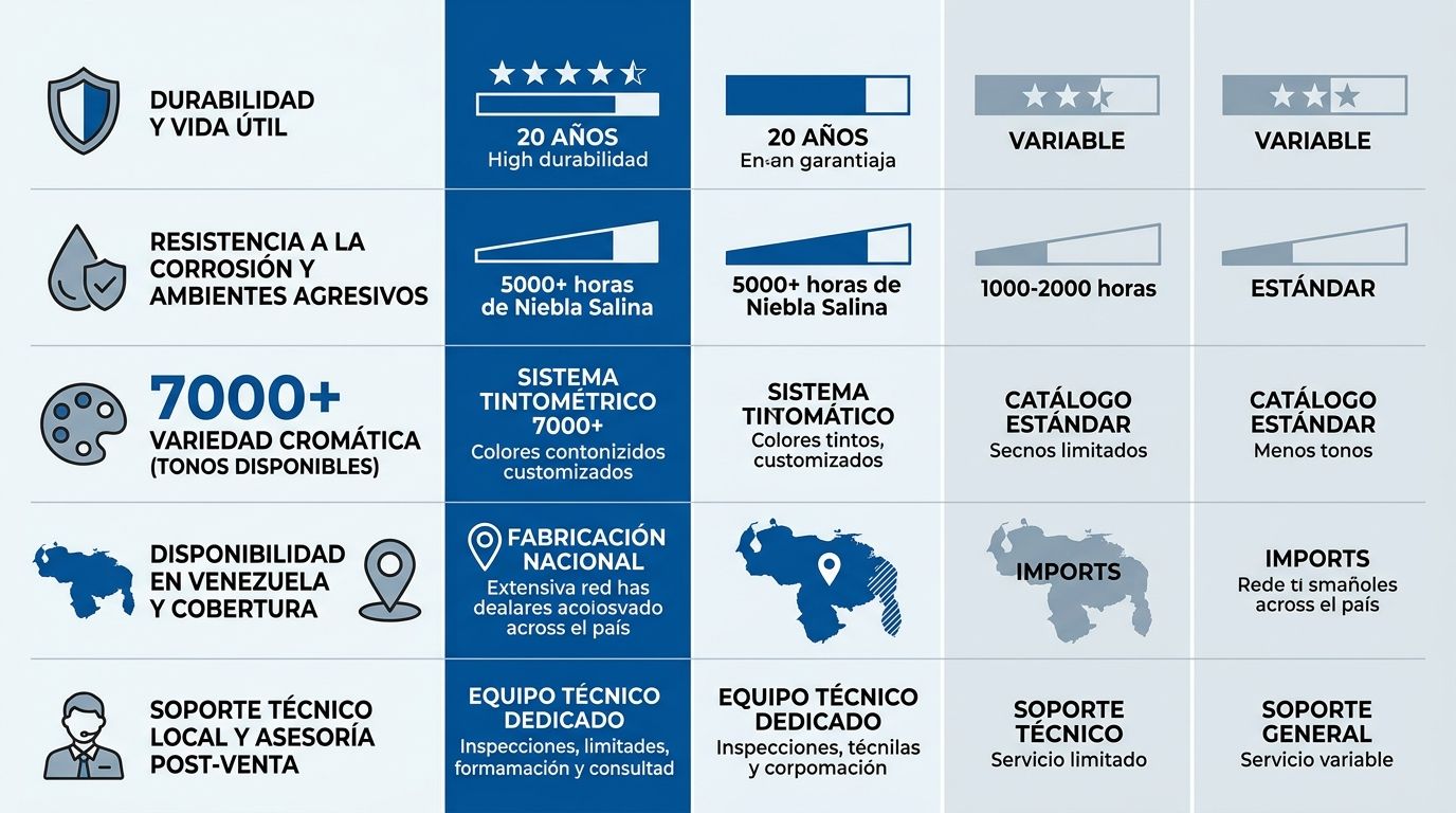 Infograf\u00eda comparativa de cinco caracter\u00edsticas clave entre Sherwin-Williams y otras marcas l\u00edderes de pinturas disponibles en Venezuela