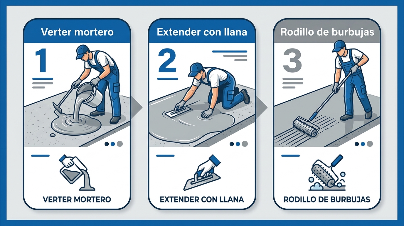 Diagrama de flujo horizontal de tres pasos para aplicación de mortero epóxico: verter, extender con llana dentada y pasar rodillo de burbujas.