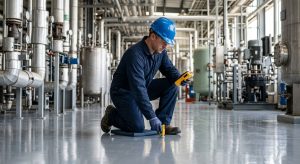 Técnico industrial realizando medición de resistencia superficial con durómetro sobre piso epóxico brillante en planta química, con tanques y tuberías al fondo.