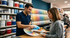 Fotografía profesional de un asesor de El Mundo del Color mostrando una carta de colores a un cliente, con cuñetes de pintura y muestras de colores al fondo, ambiente cálido y profesional.