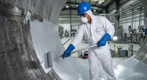 Aplicador certificado aplicando recubrimiento epóxico de grado alimentario en interior de tanque de acero en planta de procesamiento de alimentos en Venezuela
