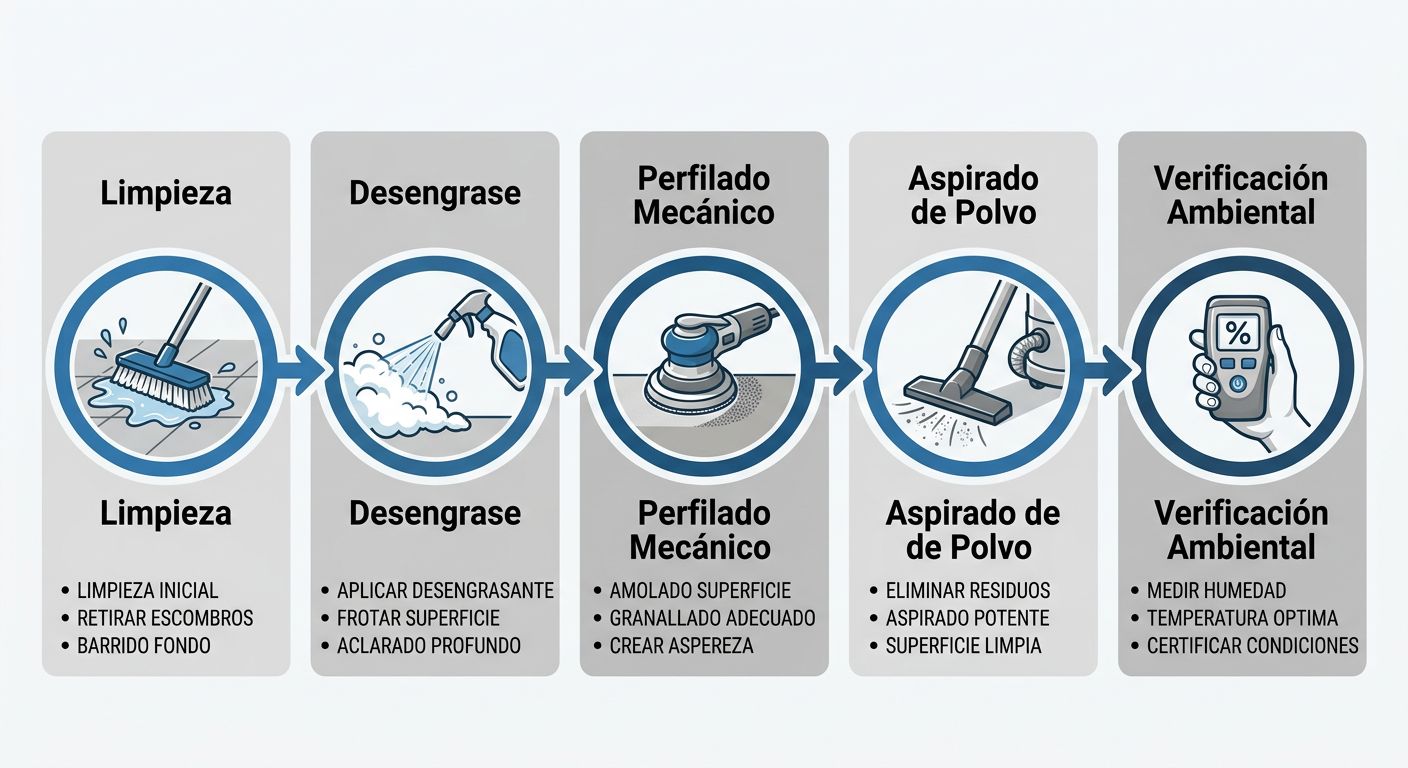 Diagrama de flujo de cinco pasos para preparaci\u00f3n de superficies antes de aplicar recubrimiento ep\u00f3xico: limpieza, desengrasado, perfilado mec\u00e1nico, aspirado de polvo y verificaci\u00f3n ambiental, con iconos circulares y flechas.