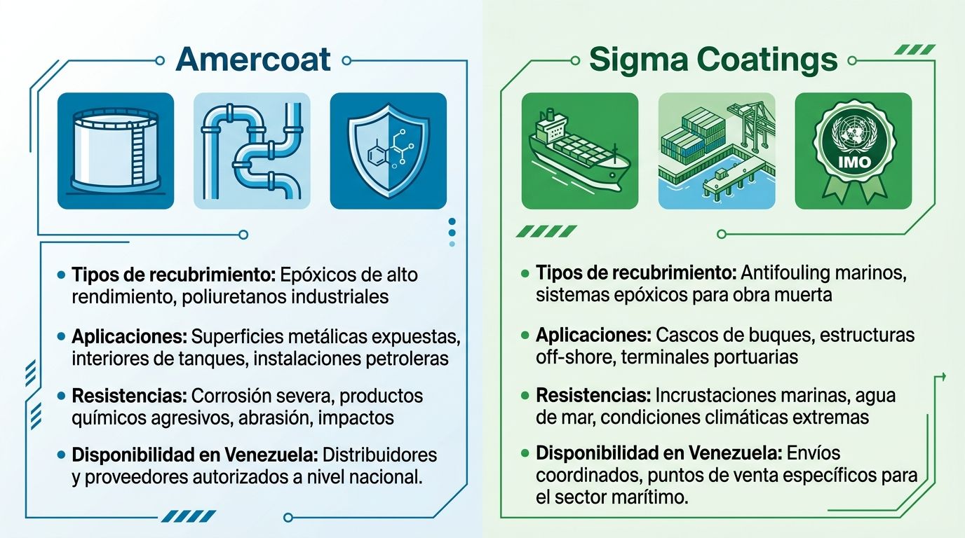Infografía de dos columnas comparando las líneas Amercoat y Sigma Coatings de PPG, con iconos, viñetas y detalles de aplicación.