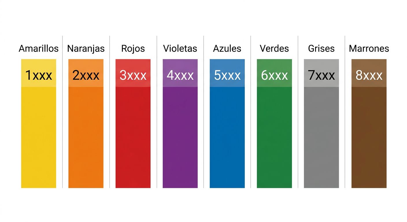 Infografía que muestra la estructura de códigos RAL con ocho columnas de gamas de color