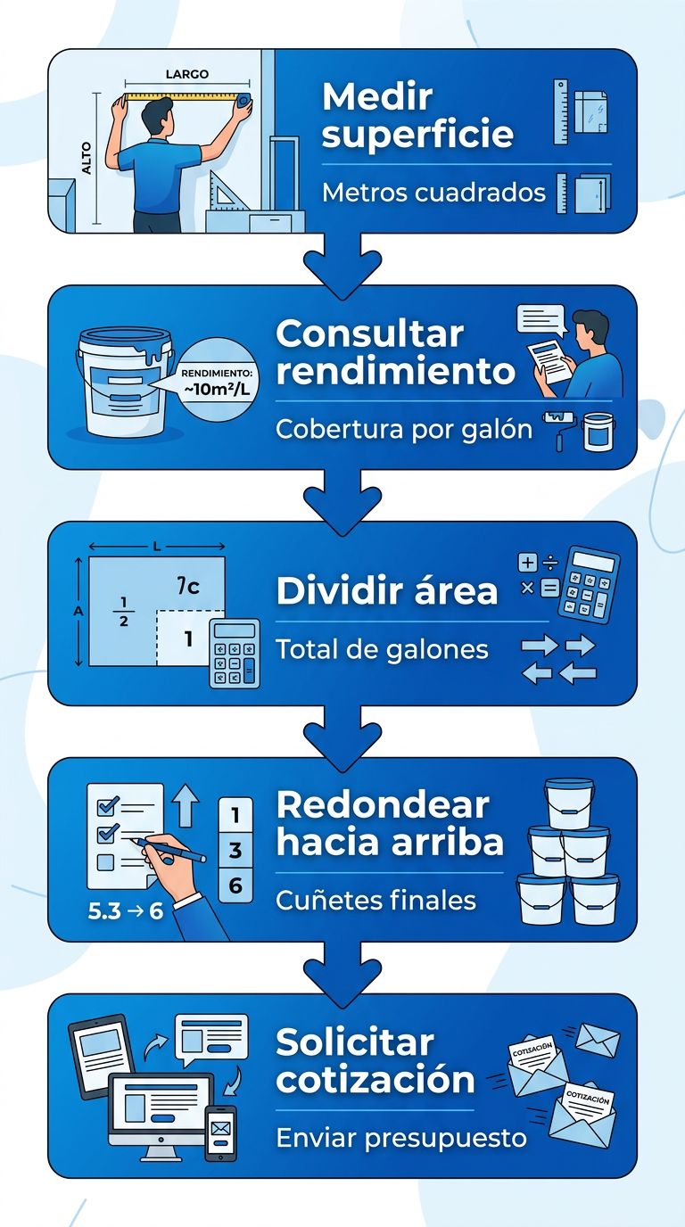 Diagrama de flujo vertical con cinco etapas para calcular cuñetes de pintura