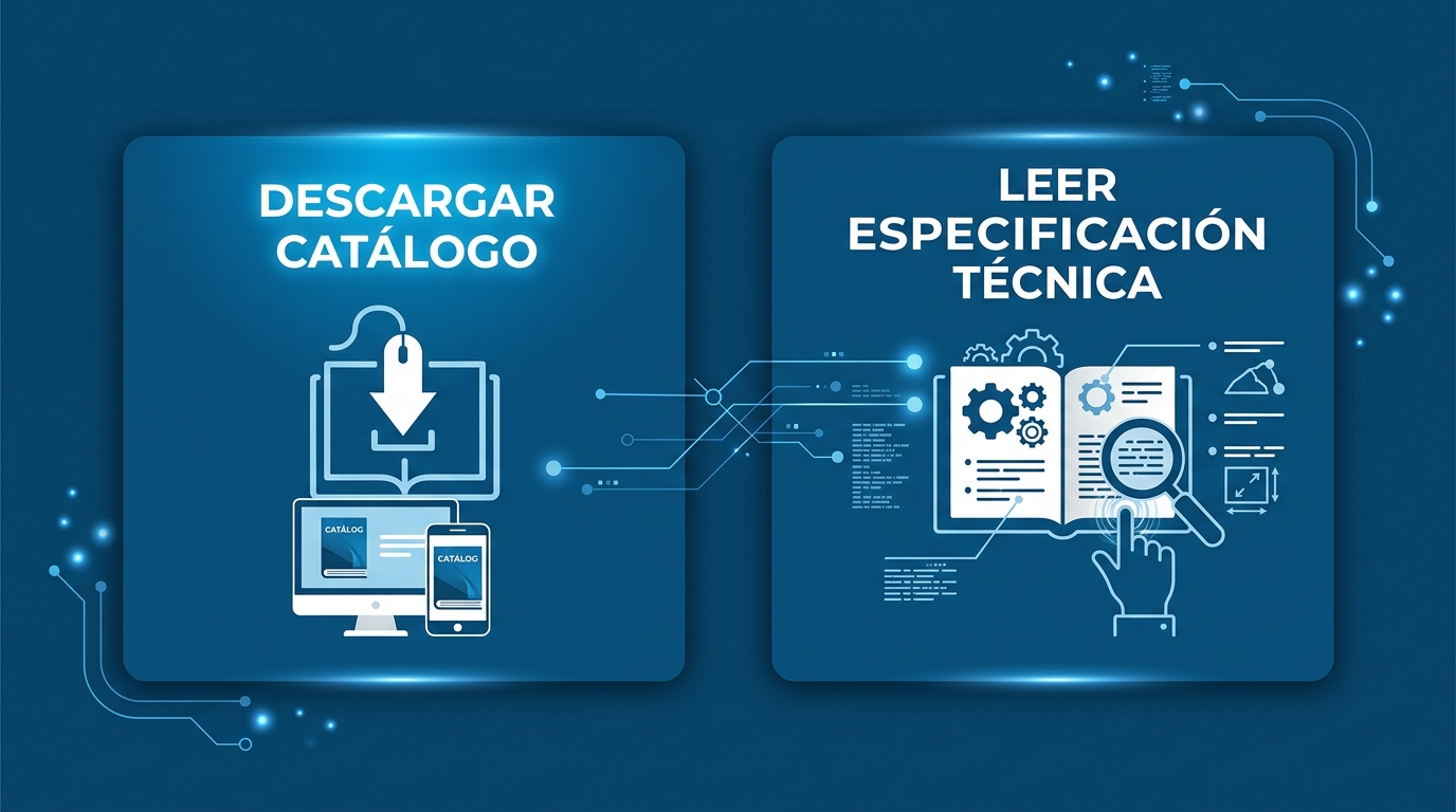Diagrama de proceso de dos pasos: descarga de catálogo y lectura de especificación técnica, con iconos de descarga y lupa sobre fondo azul corporativo.