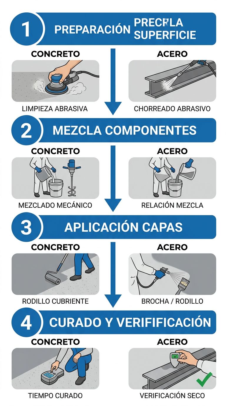 Diagrama de flujo vertical de cuatro pasos para aplicación de recubrimiento de grado alimentario sobre concreto y acero
