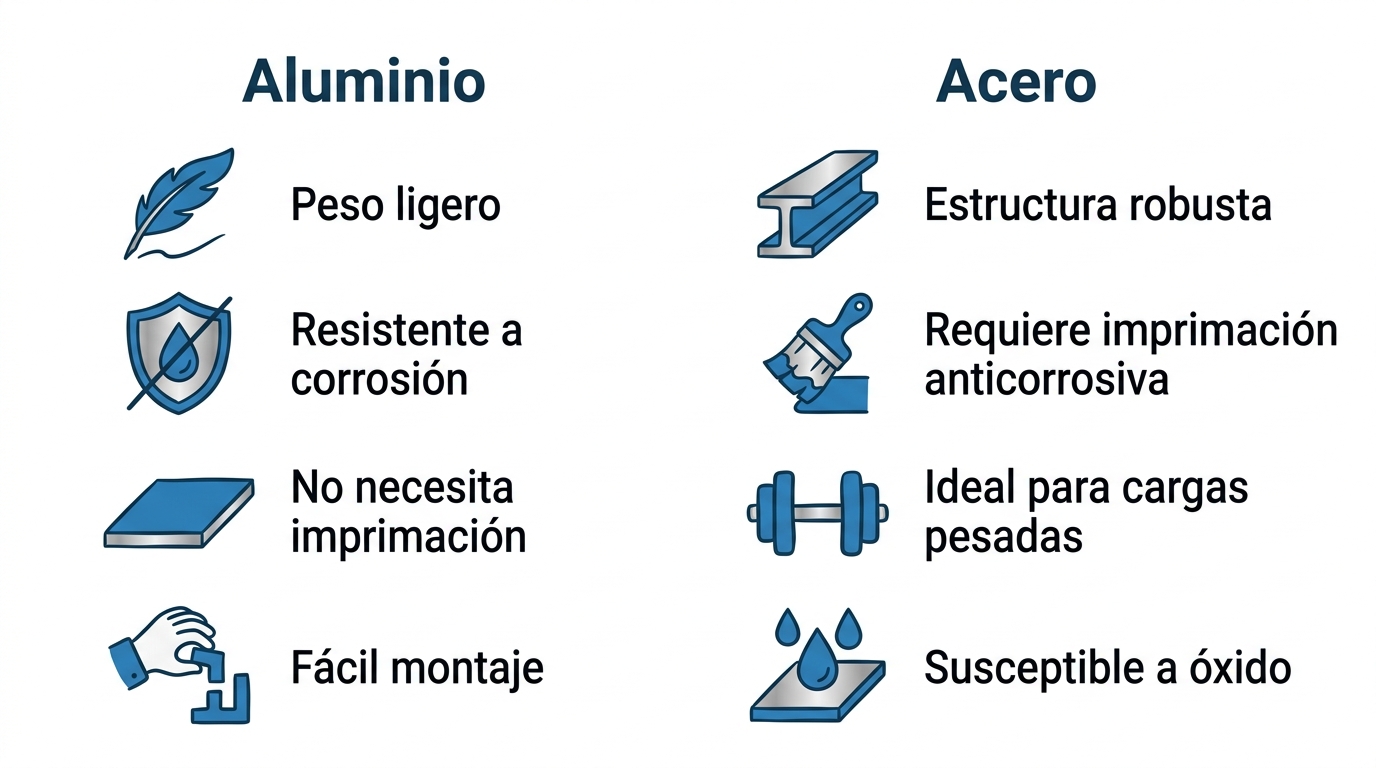 Infografía comparativa de aluminio y acero con iconos y etiquetas