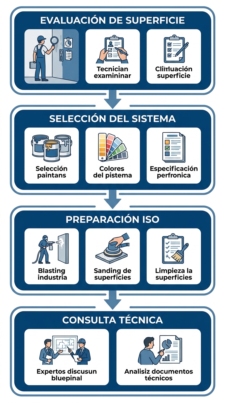 Diagrama de flujo vertical con cuatro pasos para proyectos de pintura industrial: evaluación de superficie, selección del sistema de recubrimiento, preparación según normas ISO y consulta técnica.