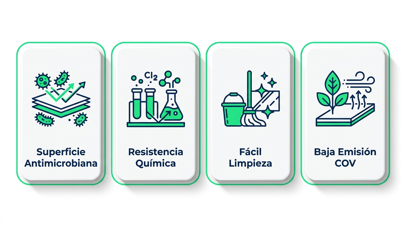 Infografía de cuatro tarjetas con íconos y frases cortas sobre propiedades de pinturas para quirófanos: superficie antimicrobiana, resistencia quíimica, fácil limpieza y baja emisión de COV. Fondo blanco con acentos en verde hospitalario. Diseño corporativo.