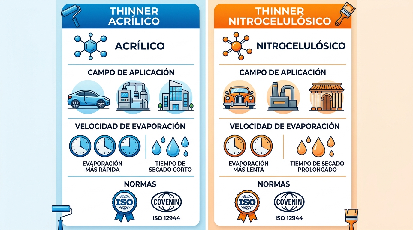Infografía comparativa de thinner acrílico vs nitrocelulósico con columnas de aplicación, evaporación y normas.
