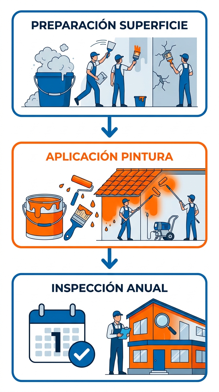 Diagrama de flujo vertical con tres etapas para aplicar pintura térmica aislante: preparación de superficie, aplicación con brocha, rodillo y airless, e inspección anual.