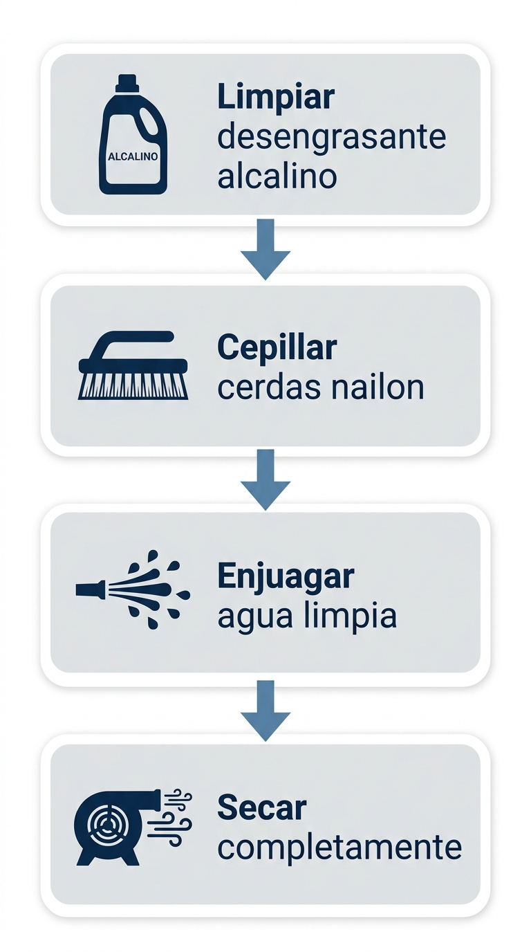 Diagrama de flujo vertical del proceso de limpieza profunda y desengrase de cerámica en cuatro pasos: limpiar con desengrasante alcalino, cepillar con cerdas de nailon, enjuagar y secar completamente.