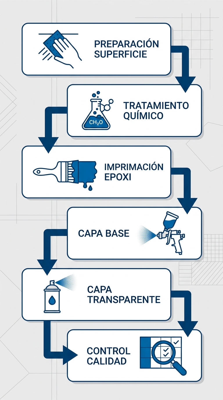 Diagrama de flujo vertical con seis etapas del proceso de aplicación de pintura aeronáutica: preparación de superficie, tratamiento de conversión química, imprimación epoxi, capa base, capa transparente y control de calidad, con iconos y flechas en estilo técnico limpio usando azul corporativo y blanco.