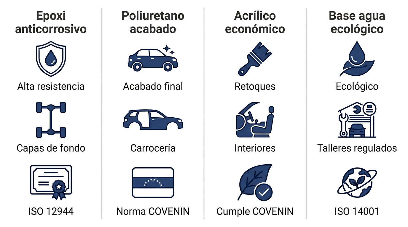 Comparativa de cuatro sistemas de pintura automotriz en Venezuela: epoxi anticorrosivo, poliuretano acabado, acrílico económico y base agua ecológico.