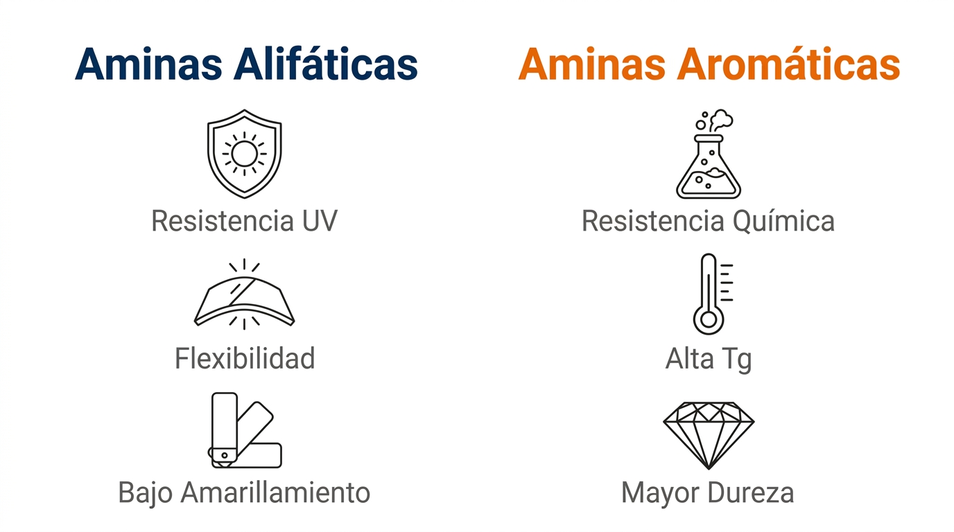 Infografía comparativa de aminas alifáticas vs aromáticas en recubrimientos epóxicos