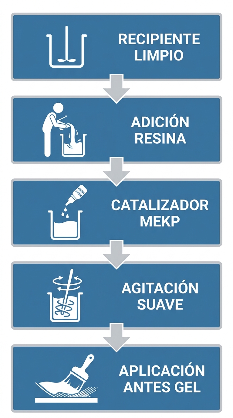 Diagrama de flujo vertical que muestra 5 etapas del proceso correcto de mezcla de resina poliéster, desde recipiente limpio hasta aplicación antes del tiempo de gel.